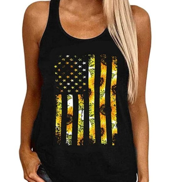 Tops - Women Sunflower American Flag Sleeveless Shirt Top